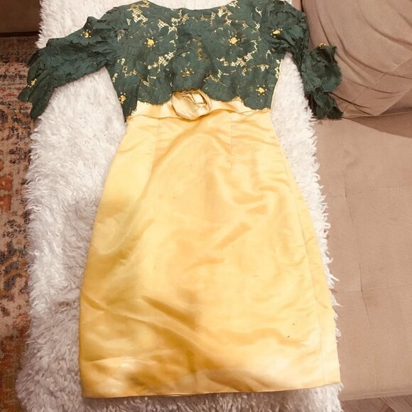 UNBRANDED Hand-Made Vintage 60s Green Lace Yellow Satin Beaded Fitted Dress XXS - Picture 12 of 14